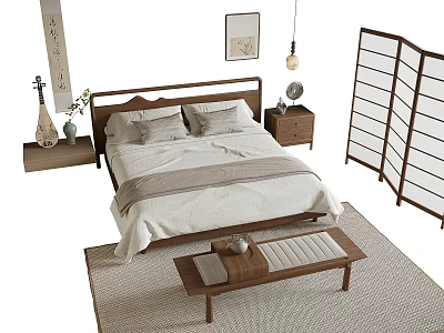 Natural Style Double Bed with Wooden Nightstand Shoji Screen and Bench on Rug 3d model