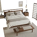 Natural Style Double Bed with Wooden Nightstand Shoji Screen and Bench on Rug