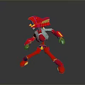 Red Robot Character With Blue Accents And Gold Joints 3D Model Standing Pose