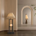 Modern Floor Lamp With Pleated Shade Black Pole Arched Mirror Wooden Wall And Bamboo