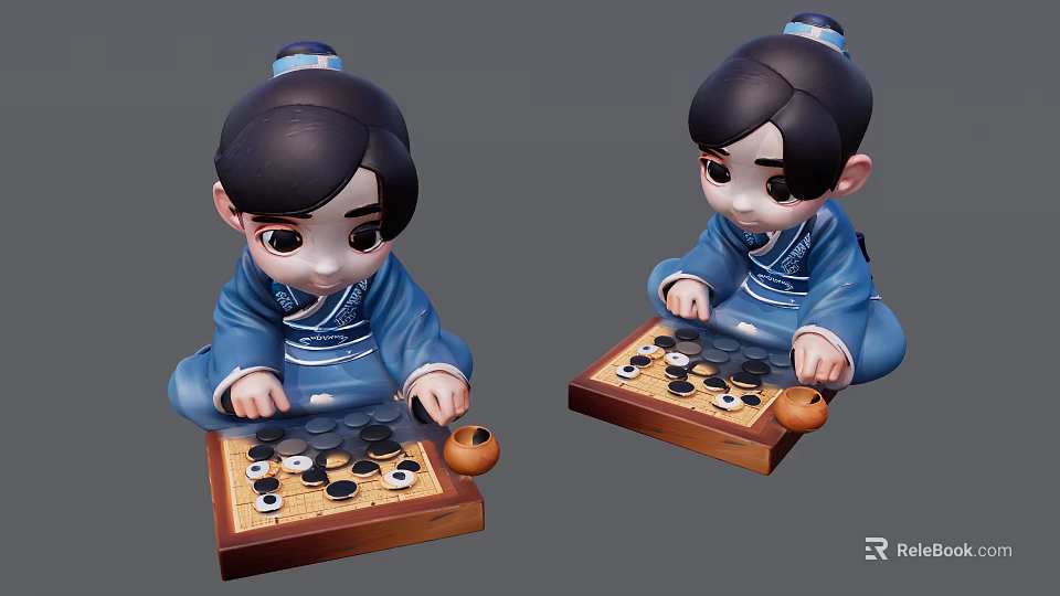 Man in Blue Traditional Clothing Playing Chess on Wooden Board with Stone Pieces and Jar 3d model 