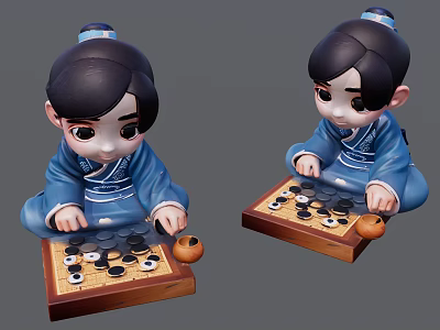 Man in Blue Traditional Clothing Playing Chess on Wooden Board with Stone Pieces and Jar 3d model