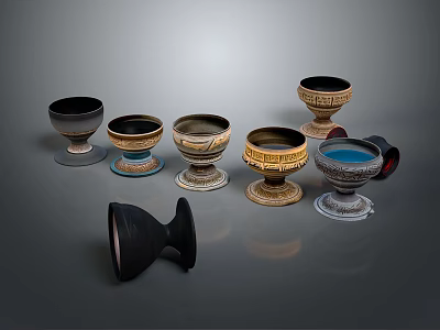 Ornate Wine Bottles And Glasses Featuring Various Designs With Gold Accents And Colorful Bases 3d model