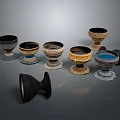 Ornate Wine Bottles And Glasses Featuring Various Designs With Gold Accents And Colorful Bases