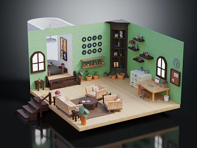 Miniature Room Model Interior With Green Walls Furniture Staircase Bookshelf And Decorative Plants 3d model