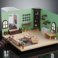Miniature Room Model Interior With Green Walls Furniture Staircase Bookshelf And Decorative Plants