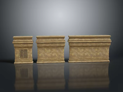 Scenic Landscape With Three Stone Pedestals Textured Surface On Black Reflective Ground Grey Gradient Background 3d model