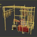 Traditional Weapons Displayed on Bamboo Frame With Shields and Spears 3d model