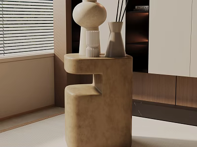 Beige Textured Irregular Shaped Side Table With Decorative Vase And Modern Interior 3d model