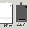 Two White Wall Mounted Gas Water Heaters With Brand Labels And Bottom Pipes Valves