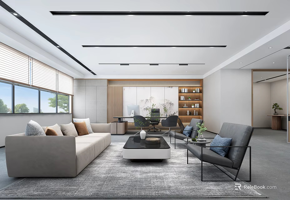 Modern Office Interior Design With Sofa Coffee Table Chairs And Bookshelf 3d model