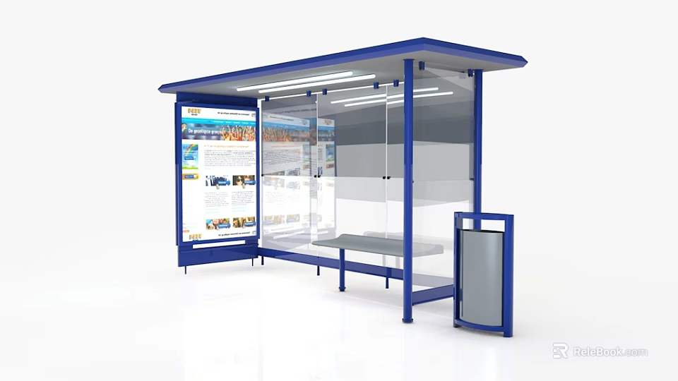 Modern Bus Shelter Featuring Blue Roof Transparent Panels Advertising Panel Bench And Trash Bin 3d model 