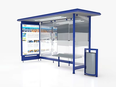 Modern Bus Shelter Featuring Blue Roof Transparent Panels Advertising Panel Bench And Trash Bin 3d model