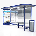 Modern Bus Shelter Featuring Blue Roof Transparent Panels Advertising Panel Bench And Trash Bin