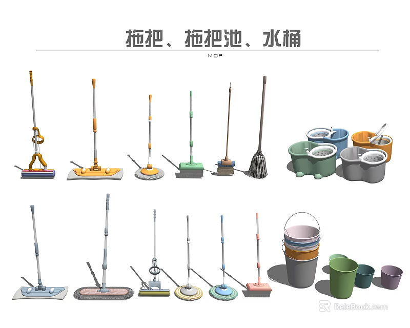 Bathroom Accessories Including Various Mops Mop Buckets and Colorful Cleaning Buckets 3d model 