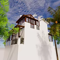 Tropical White Detached Villa With Palm Trees Greenery And Blue Sky