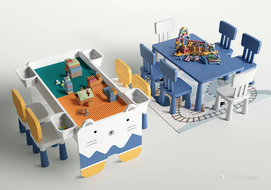 Cute Kids Table With Cartoon Bear Design Colorful Desktop Railway Track And Chairs 3d model 