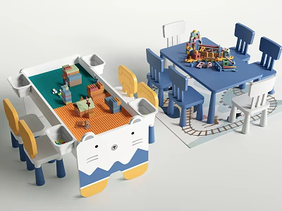 Cute Kids Table With Cartoon Bear Design Colorful Desktop Railway Track And Chairs 3d model