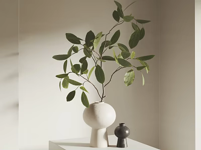 Elegant White Round Vase With Green Leaves On White Tabletop And Small Black Decor 3d model