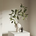 Elegant White Round Vase With Green Leaves On White Tabletop And Small Black Decor