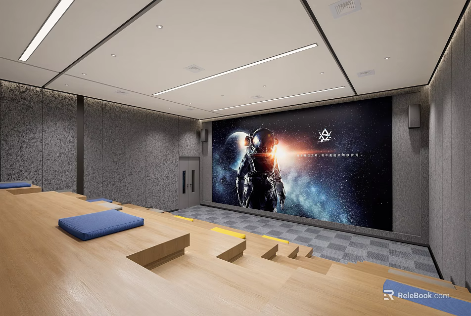 Modern Cinema Interior With Large Screen Stepped Seats And Blue Cushions 3d model 