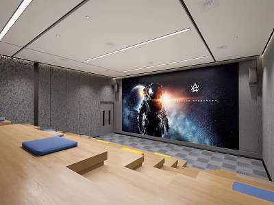 Modern Cinema Interior With Large Screen Stepped Seats And Blue Cushions 3d model