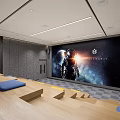 Modern Cinema Interior With Large Screen Stepped Seats And Blue Cushions