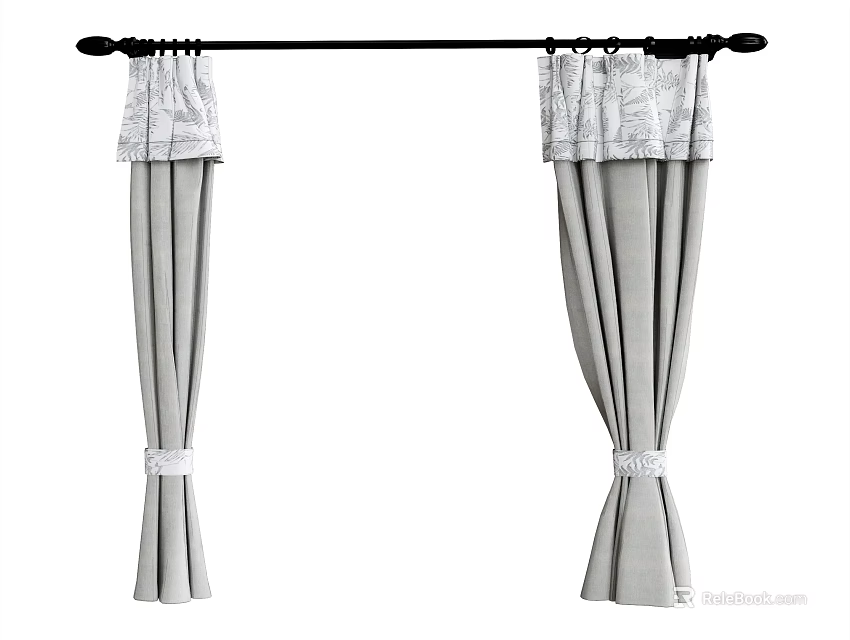 Gray Curtains With Patterned Valance And Tiebacks On Black Curtain Rod 3d model 