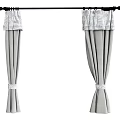 Gray Curtains With Patterned Valance And Tiebacks On Black Curtain Rod