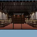 Traditional Chinese Religious Worship Hall With Wooden Structure Tiled Roof Red Carpet Calligraphy And Benches