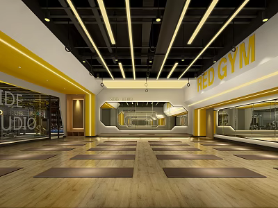 Red Gym Fitness Studio With Spacious Interior Wooden Flooring Yoga Mats And Mirror Walls 3d model