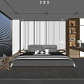 Modern Bedroom Interior Design With Large Bed Window Blinds Desk Bookshelf And Rug