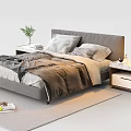 Modern Double Bed With Gray Headboard Layered Bedding Wooden Nightstands Table Lamp And Potted Plant