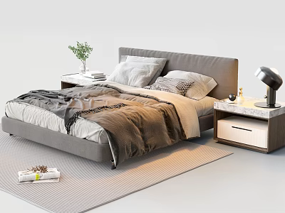 Modern Double Bed With Gray Headboard Layered Bedding Wooden Nightstands Table Lamp And Potted Plant 3d model