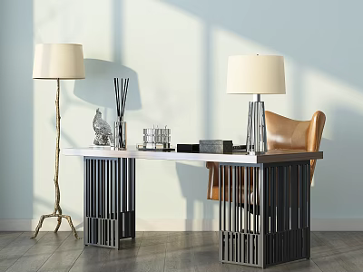 Modern Home Office Desk With Metal Frame Leather Chair And Table Lamp 3d model