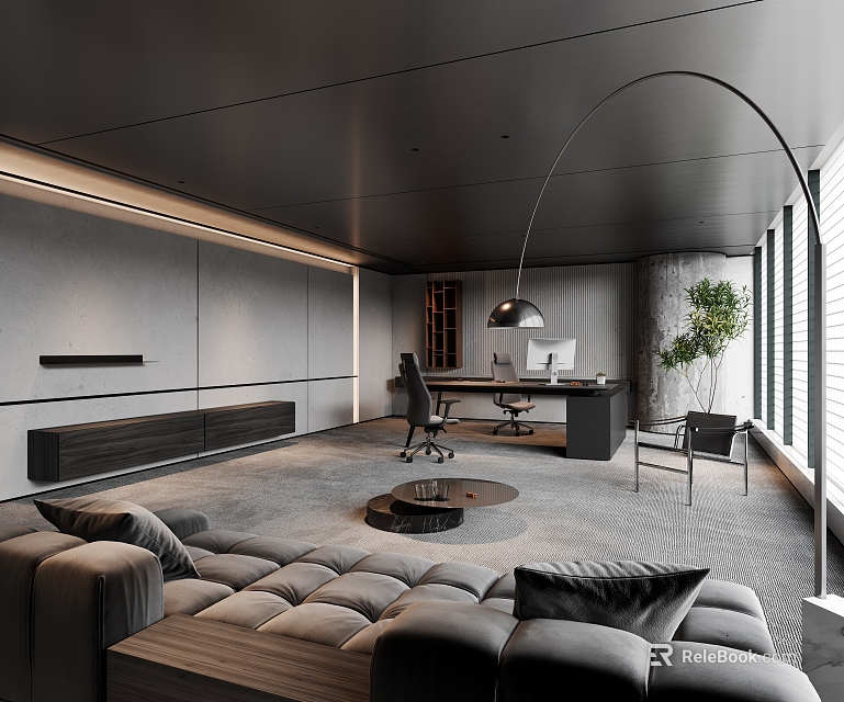 Modern Office Interior With Black Ceiling Gray Walls Strip Lighting And Large Windows 3d model 