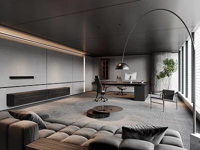 Modern Office Interior With Black Ceiling Gray Walls Strip Lighting And Large Windows 3d model