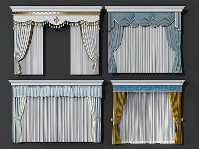 Elegant Curtains With Various Colorful Designs And Decorative Valance Details 3d model
