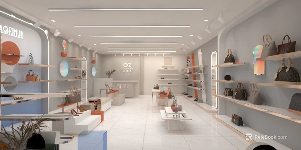 Modern Bright Clothing Store Interior With Display Shelves Fashion Bags Shoes And Wooden Tables 3d model 