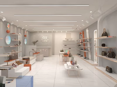 Modern Bright Clothing Store Interior With Display Shelves Fashion Bags Shoes And Wooden Tables 3d model