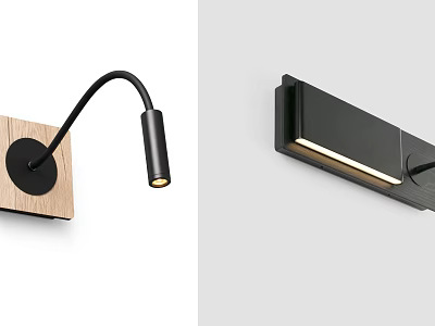Modern Wall Lamps With Wooden Base Curved Arm And Black Metal Linear Light Strip Design 3d model