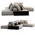 Gray Sectional Sofa With Multiple Plush Cushions And Wooden Side Tables 3d model