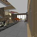 Traditional Japanese Style Restaurant Entrance With Stone Wall Wooden Tables Red Maple Decor And Lanterns
