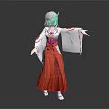 Game Movie Character With Pink Hair In Traditional White Top And Red Long Skirt