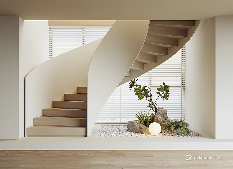 Wooden Spiral Staircase In Modern Interior With Natural Light Window Blinds And Green Plants 3d model 