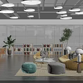 Modern Lounge Interior With Yellow Sofa Bookshelf Plants Large Windows And Ceiling Lights 3d model