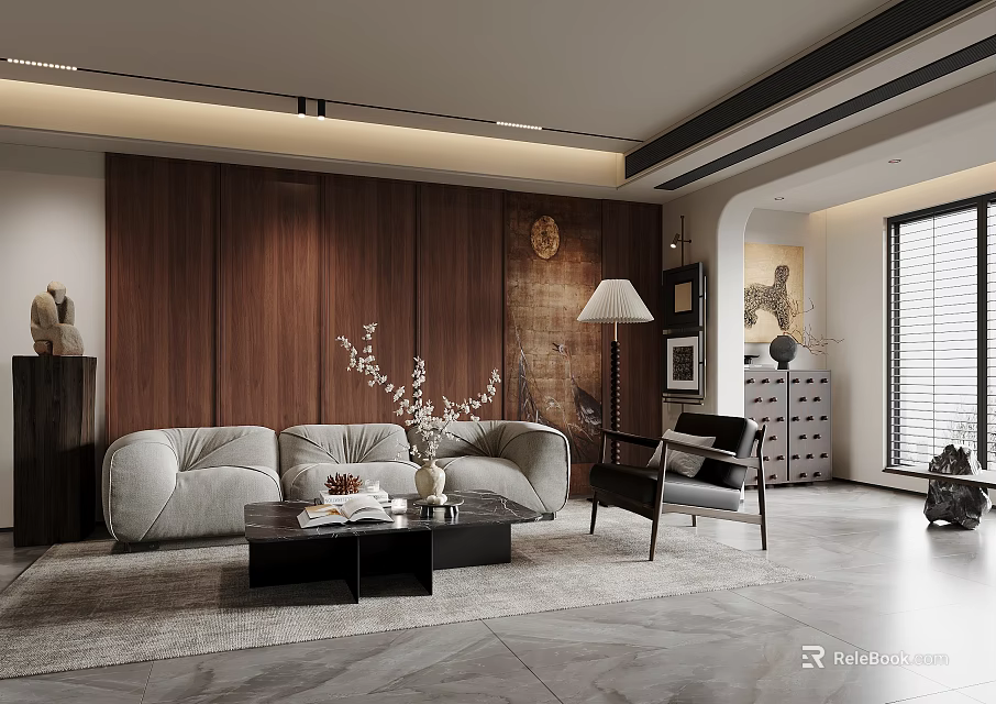Elegant Modern Living Room with Wooden Wall Gray Sofa Black Coffee Table and Floor Lamp 3d model 
