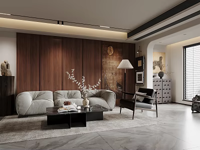 Elegant Modern Living Room with Wooden Wall Gray Sofa Black Coffee Table and Floor Lamp 3d model