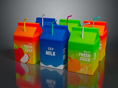 Display Shelves Featuring Colorful Beverage Cartons Fresh Juice Milk with Straws and Fruit Designs 3d model