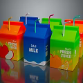 Display Shelves Featuring Colorful Beverage Cartons Fresh Juice Milk with Straws and Fruit Designs